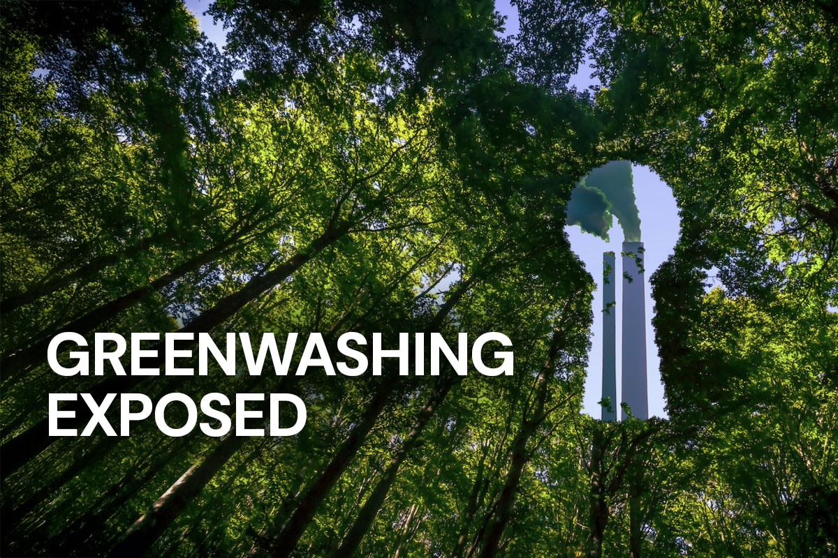 A graphic designed image of the phrase ‘greenwashing exposed’